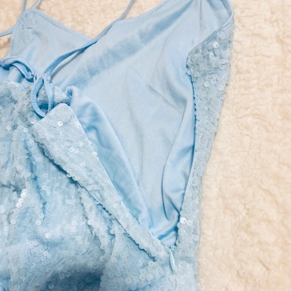 Powder Blue Sequin Rosette Cocktail Dress NWT Ruched Draped‎ Size 4